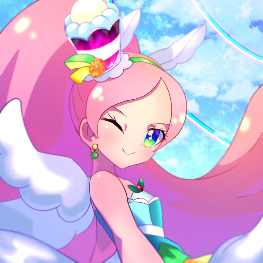 1girl animal_ears bare_shoulders berry blush commentary cure_parfait dress earrings food food-themed_hair_ornament green_headband hair_ornament headband highres horse_ears jewelry kirahoshi_ciel kirakira_precure_a_la_mode leaf long_hair looking_at_viewer multicolored_eyes omega_takai parfait pearl_earrings pink_hair ponytail precure solo sparkle sparkling_eyes strapless strapless_dress tail white_tail white_wings wings