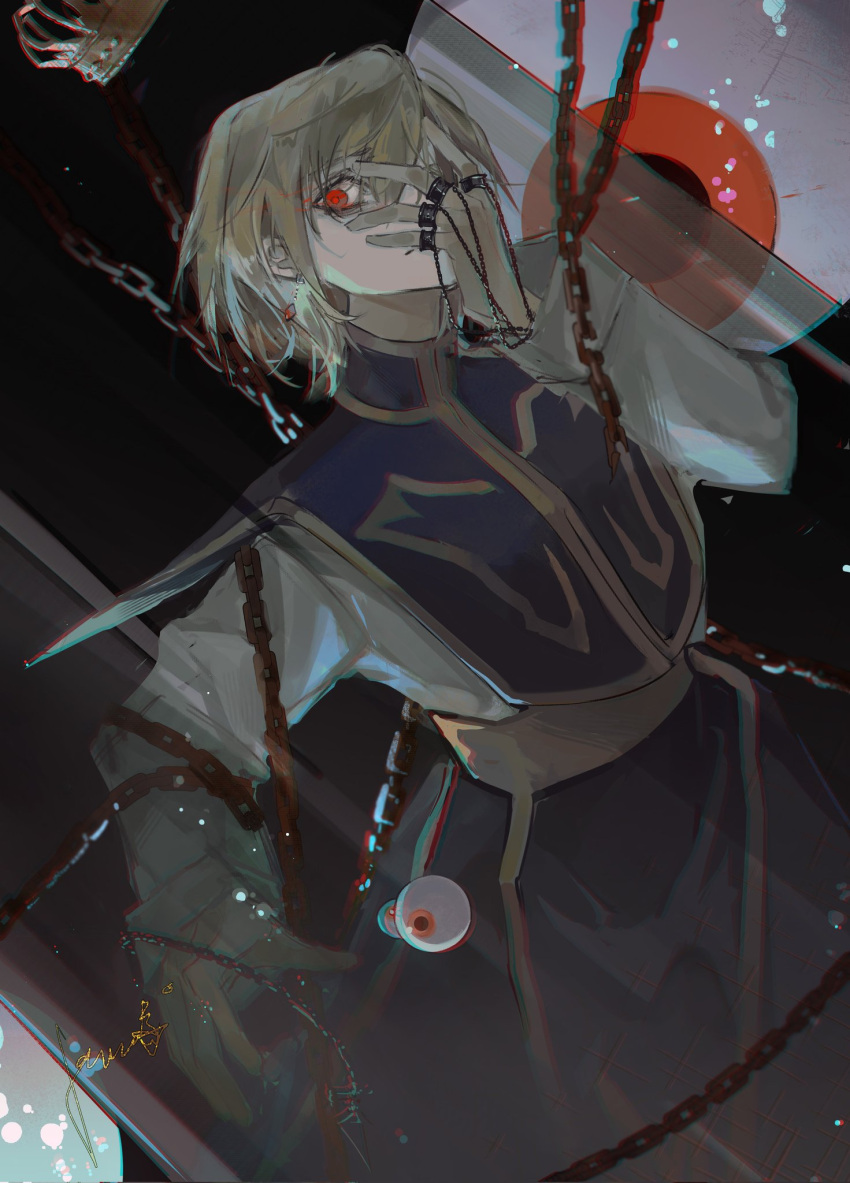 1boy blonde_hair blue_tabard covering_one_eye cowboy_shot crown disembodied_eye drop_earrings earrings efanziyu eye_focus eyeball gold_trim hand_on_own_face highres hunter_x_hunter jewelry kurapika long_sleeves looking_at_viewer male_focus medium_hair red_eyes shirt sideways_glance signature solo tabard white_shirt