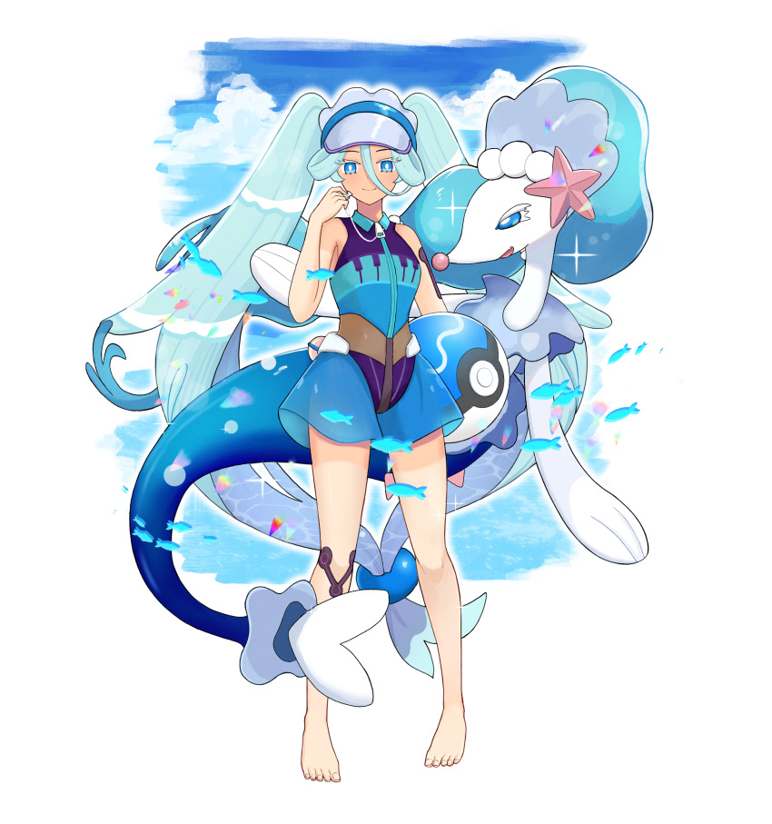 1girl absurdres ball barefoot beachball blue_eyes blue_shorts bright_pupils closed_mouth colored_eyelashes commentary_request fish full_body green_hair grey_headwear hair_between_eyes hand_up hatsune_miku highres holding holding_ball keaworks knees long_hair looking_at_viewer pokemon pokemon_(creature) primarina project_voltage shorts smile sparkle toes twintails visor_cap vocaloid water_miku_(project_voltage) white_pupils zipper_pull_tab