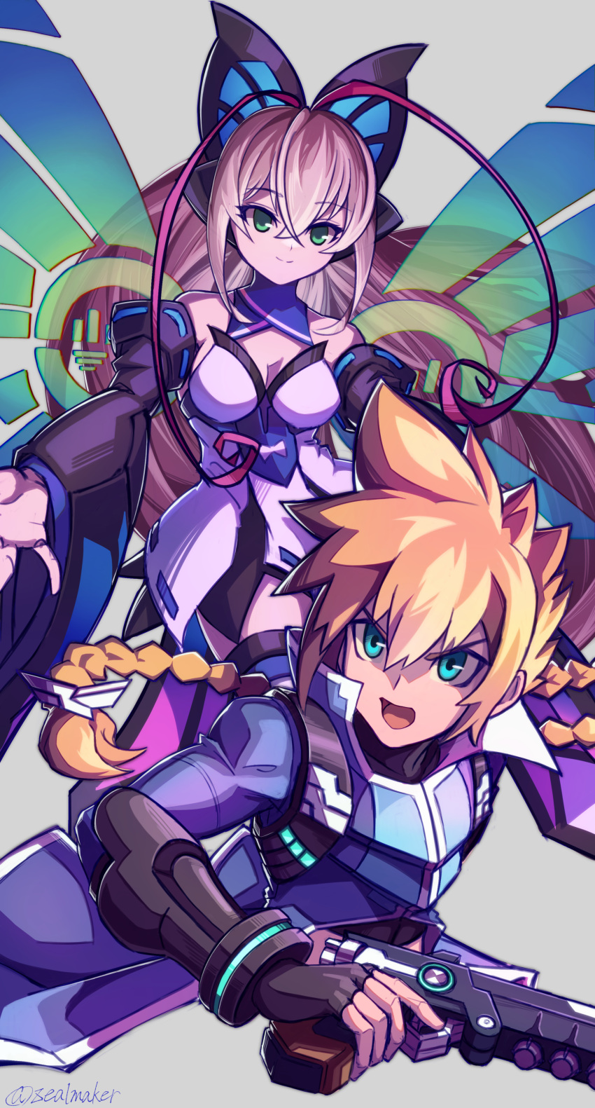 1girl absurdres antenna_hair azure_striker_gunvolt black_sleeves blonde_hair blue_coat blue_eyes braid braided_ponytail breasts butterfly_hair_ornament coat detached_sleeves dress energy_wings green_eyes gun gunvolt hair_ornament highres holding holding_gun holding_weapon idol long_hair long_sleeves lumen_(gunvolt) medium_breasts multicolored_hair pink_hair strapless strapless_dress upper_body weapon white_dress wide_sleeves zealmaker