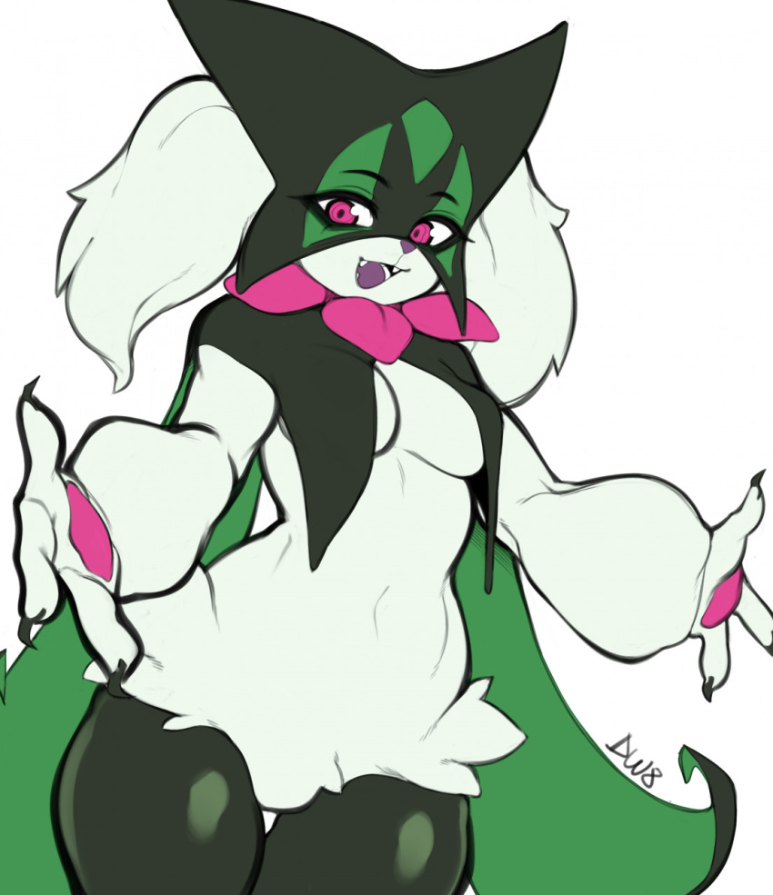 2022 3_fingers :d anthro biped black_claws breast_curtains breasts claws cute_fangs digital_media_(artwork) eyebrows featureless_crotch female fingers fur generation_9_pokemon green_body green_fur hi_res leaked_pokemon light_body light_fur mask medium_breasts meowscarada navel nintendo open_mouth pawpads petals pink_eyes pink_pawpads pokemon pokemon_(species) portrait purple_nose purple_tongue ringed_eyes rinkae simple_background smile solo teeth thigh_gap three-quarter_portrait tongue video_games white_background