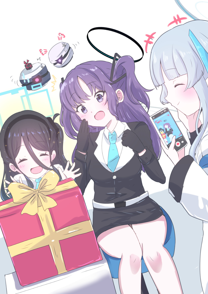 3girls absurdly_long_hair absurdres aris_(blue_archive) black_gloves black_hair black_hairband black_skirt blue_archive blue_halo blue_necktie blush box breasts cellphone closed_eyes closed_mouth collared_shirt gift gift_box giorgio_(yo_sumire_sola1) gloves grey_hair hairband halo highres himari_(blue_archive) holding holding_phone long_hair long_sleeves mechanical_halo medium_breasts multiple_girls necktie one_side_up open_mouth phone purple_eyes purple_hair shirt simple_background skirt smartphone smile very_long_hair white_background white_shirt yuuka_(blue_archive)