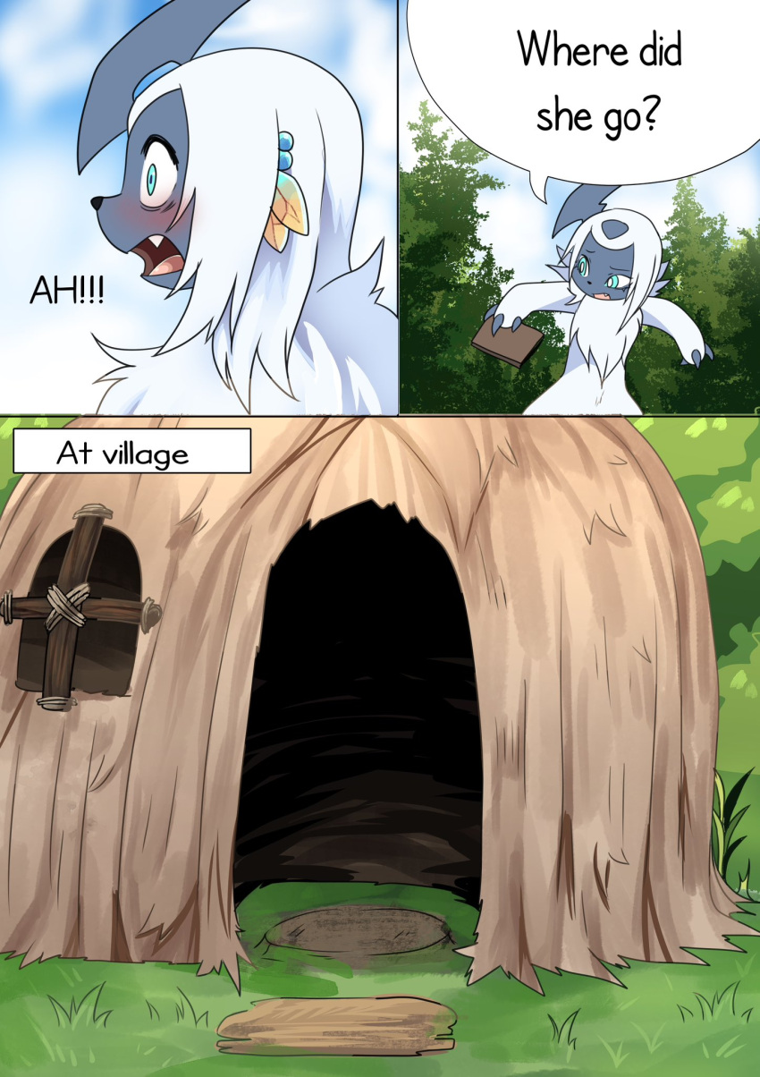 absol accessory book dialogue feathers feral fluffy_chest fur game_freak gasp generation_3_pokemon grass hi_res horn hut loreking male nintendo plant pokemon pokemon_(species) solo speech_bubble white_body white_fur yang_(loreking)