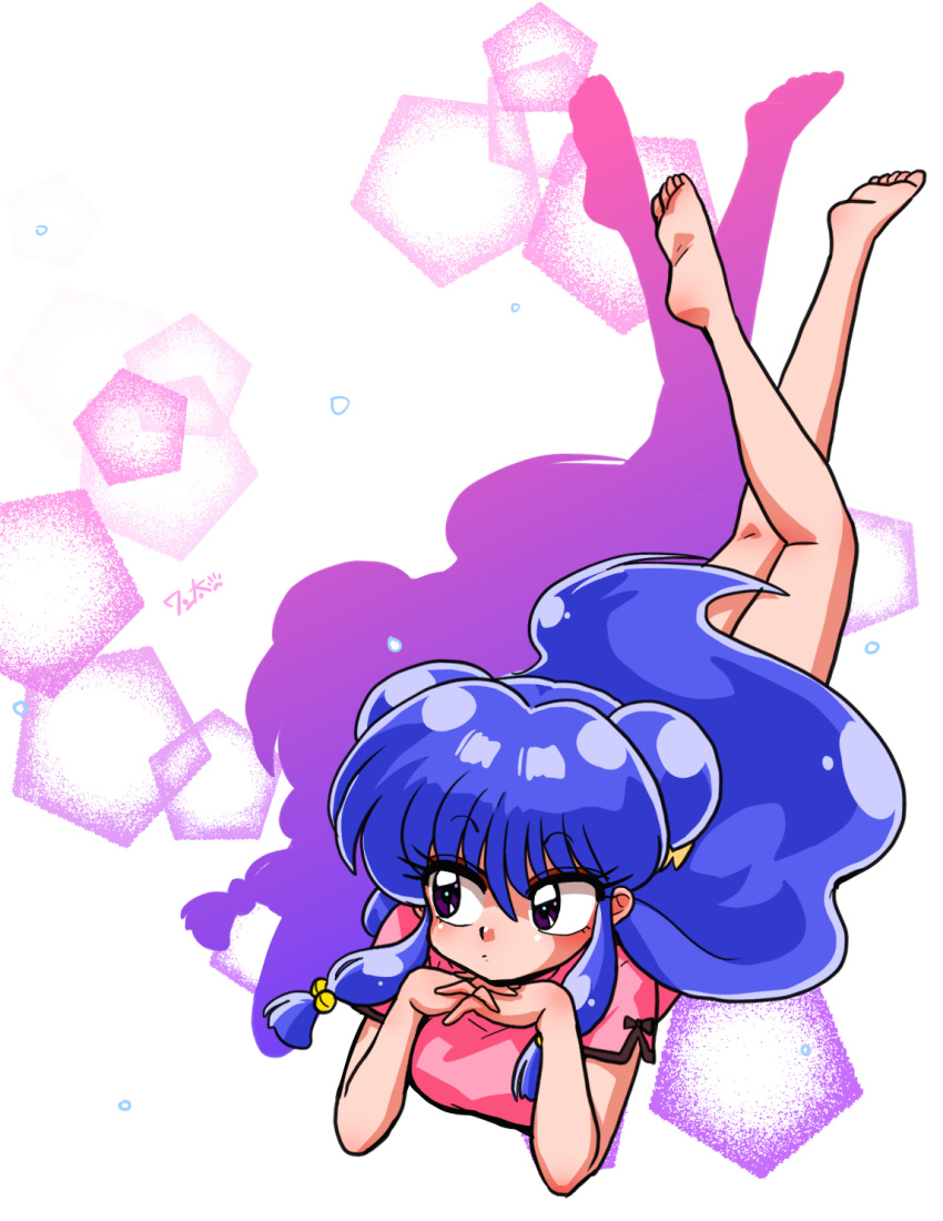 1girl abstract_background barefoot china_dress chinese_clothes double_bun dress feet_up hair_bun hands_on_own_chin highres leg_up long_hair looking_to_the_side lying on_stomach pensive pentagon_(shape) pentagon_bubbles pink_dress purple_eyes purple_hair pursed_lips ranma_1/2 shadow shampoo_(ranma_1/2) signature wanta_(futoshi) white_background