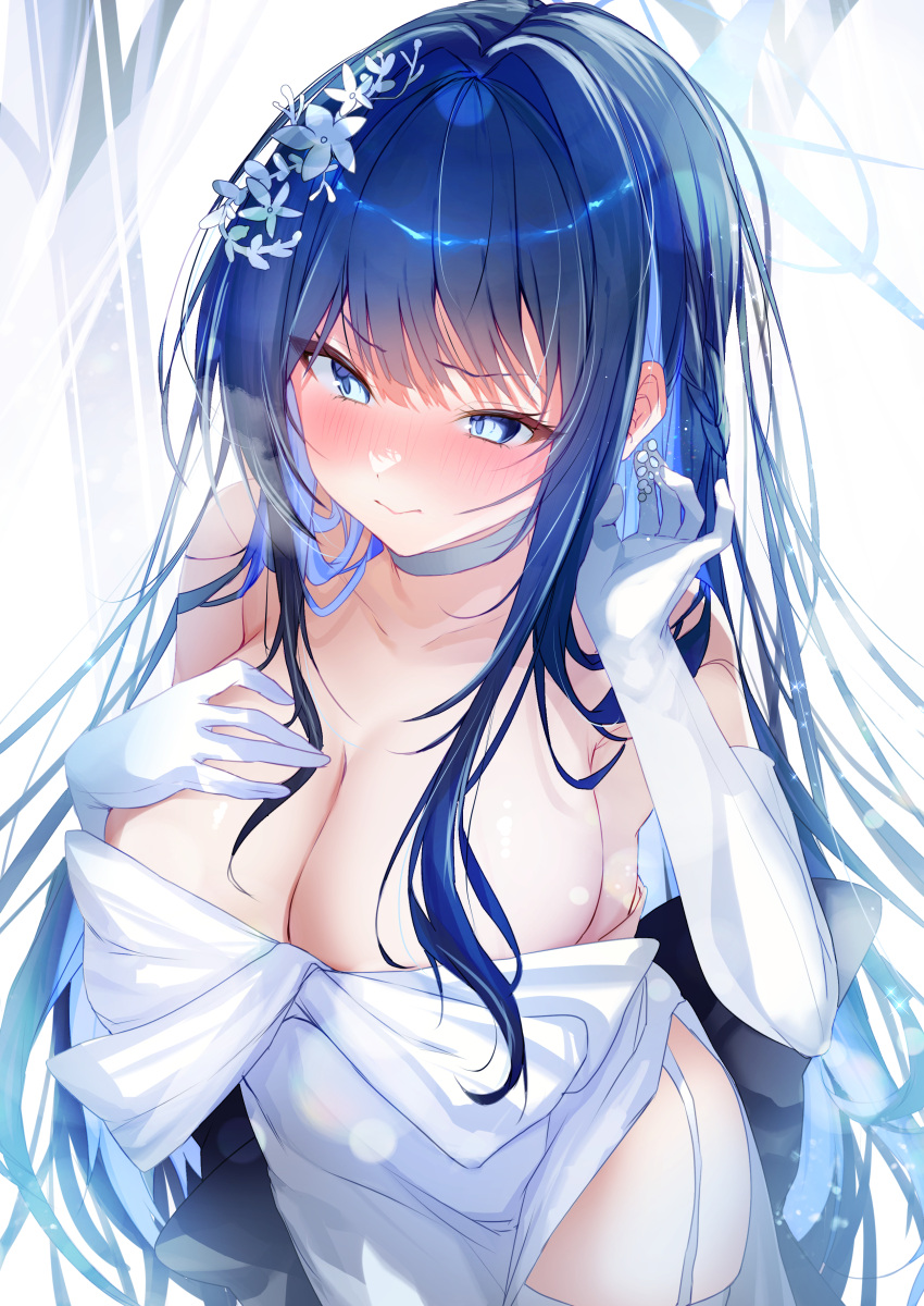 1girl absurdres black_hair blue_archive blue_eyes blue_halo blush breasts choker cleavage closed_mouth cowboy_shot dress earrings elbow_gloves gloves halo highres jewelry large_breasts long_hair nenobi_(nenorium) official_alternate_costume saori_(blue_archive) saori_(dress)_(blue_archive) solo thighhighs white_choker white_dress white_gloves white_thighhighs