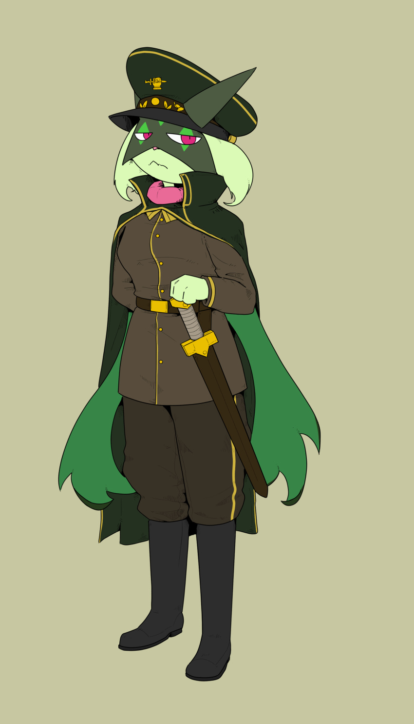 16:9 2024 3_fingers absurd_res alternate_costume ambiguous_gender anthro biped boots bottomwear cape clothed clothing coat colored crossover digital_drawing_(artwork) digital_media_(artwork) facial_tuft felid fingers footwear foxhole:_persistant_online_warfare fur generation_9_pokemon green_hair green_mask hair hi_res high_collar holding_object holding_weapon jacket judging kamilvankravv kground looking_at_viewer mammal markings melee_weapon meowscarada nintendo officers'_hat pants pink_neck_tuft pokemon pokemon_(species) pupils red_eyes serious_face solo sword topwear tuft weapon weapon_on_hip widescreen