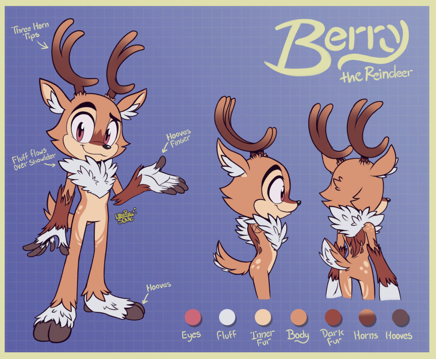 2021 anthro antlers artist_logo artist_name back_tuft berry_the_reindeer biped black_fingers black_hooves black_nose blue_background border brown_antlers brown_arms brown_back butt character_name chest_tuft closed_smile cloven_hooves color_scheme countershade_arms countershade_face countershade_fur countershade_legs countershade_torso countershading deer digital_drawing_(artwork) digital_media_(artwork) english_text exposure_variation fan_character featureless_crotch feet fingers full-length_portrait fur gradient_antlers happy hi_res hooved_fingers hooves horn inner_ear_fluff logo looking_at_viewer male mammal model_sheet mouth_closed multicolored_ears new_world_deer pink_eyes portrait reindeer ruff sega signature simple_background smile smiling_at_viewer solo sonic_the_hedgehog_(series) standing tail tan_arms tan_body tan_butt tan_ears tan_fur tan_head tan_legs tan_tail text tongue tongue_out tuft two_tone_arms two_tone_ears two_tone_tail ultrahyper white_chest white_chest_tuft white_ears white_feet white_hands white_inner_ear white_tail yellow_border