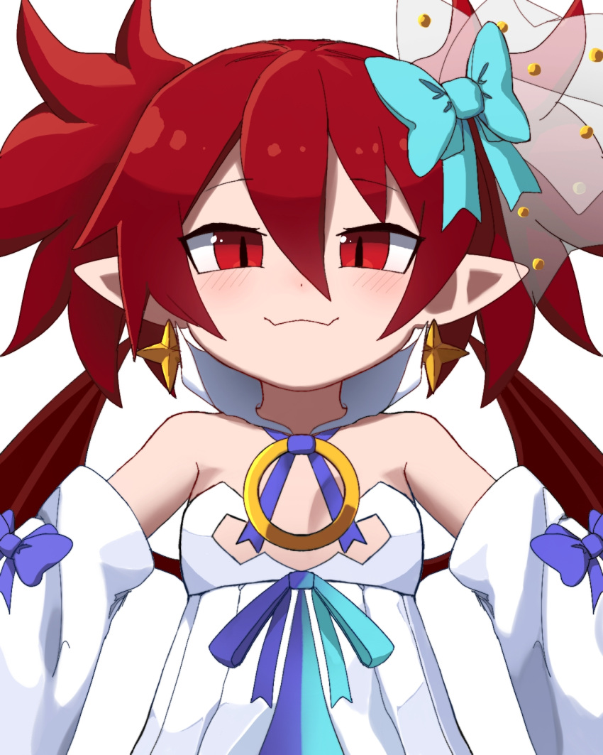1girl bare_shoulders blush bow demon_girl detached_sleeves disgaea disgaea_rpg dress earrings etna_(disgaea) flat_chest hair_bow highres jewelry looking_at_viewer pointy_ears red_eyes red_hair red_wings saint_etna smile straight-on white_dress wings wuju_(1198979953)