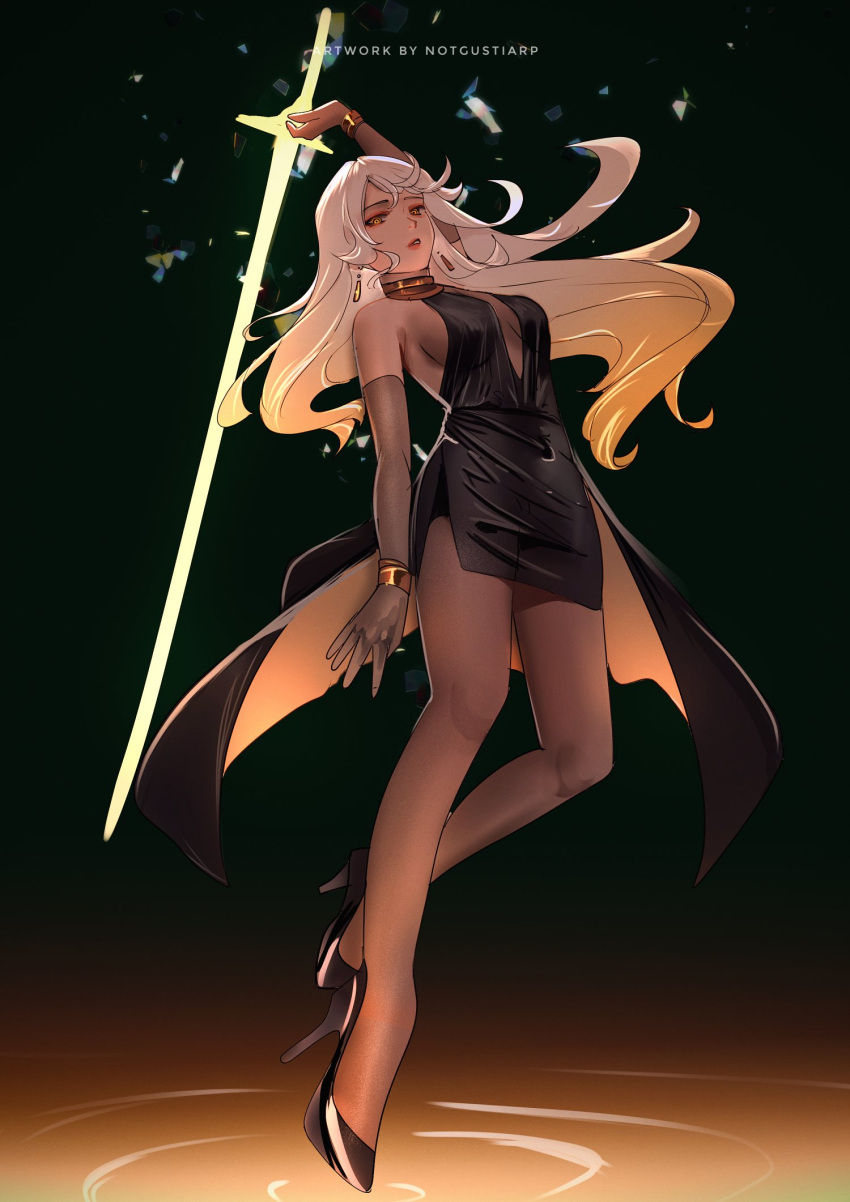 1girl black_dress breasts cape cleavage dress earrings elbow_gloves full_body gloves gold_bracelet gold_necklace hand_up high_heels highres jewelry long_hair looking_down necklace notgustiarp original white_hair yellow_eyes