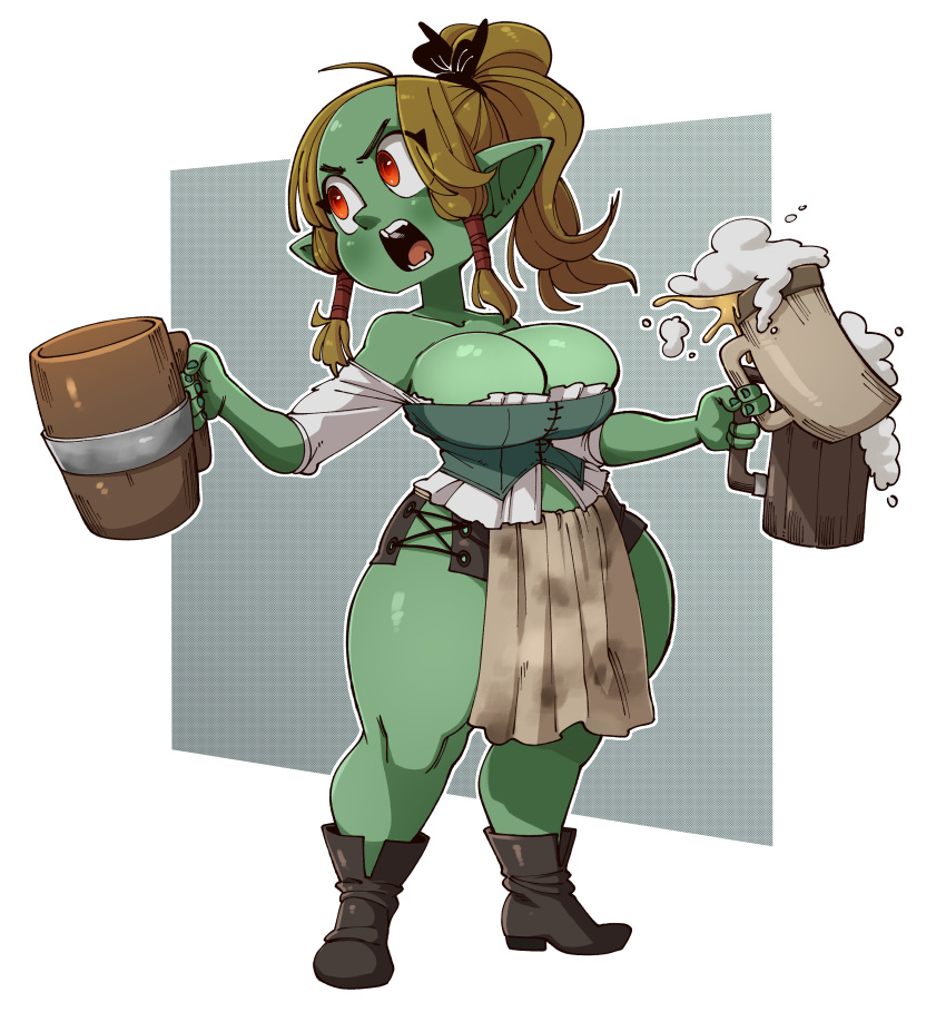 absurd_res alcohol beer beverage big_breasts breasts brown_hair cleavage clothed clothing female goblin green_body green_skin hair hi_res humanoid not_furry nuclearwasabi solo thick_thighs