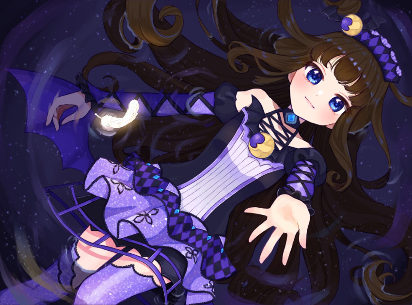 1girl blue_eyes breasts brown_hair closed_mouth commentary_request crescent detached_sleeves dress feathers feet_out_of_frame from_above hand_up idol_clothes jinno_(jin_c_kkry) kurosu_aroma long_hair looking_at_viewer lying on_back partially_submerged pretty_series pripara purple_dress purple_thighhighs purple_wings reaching reaching_towards_viewer sleeveless sleeveless_dress small_breasts smile solo thighhighs water wings