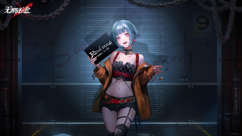 1girl :d against_wall bare_shoulders belt black_choker black_shorts black_tank_top black_thighhighs blue_hair blunt_bangs bob_cut chain character_name choker coin copyright_name cowboy_shot crop_top cube_earrings flat_chest garter_straps head_tilt heart heart_choker height_mark highres holding holding_sign indoors jacket logo long_sleeves looking_at_viewer mugshot navel off_shoulder official_art official_wallpaper open_clothes open_jacket orange_jacket path_to_nowhere pink_eyes prison_cell prison_clothes red_belt red_nails roulecca_(path_to_nowhere) short_hair short_shorts shorts sign single_garter_strap smile solo stomach tank_top teeth thighhighs torn_clothes torn_thighhighs upper_teeth_only