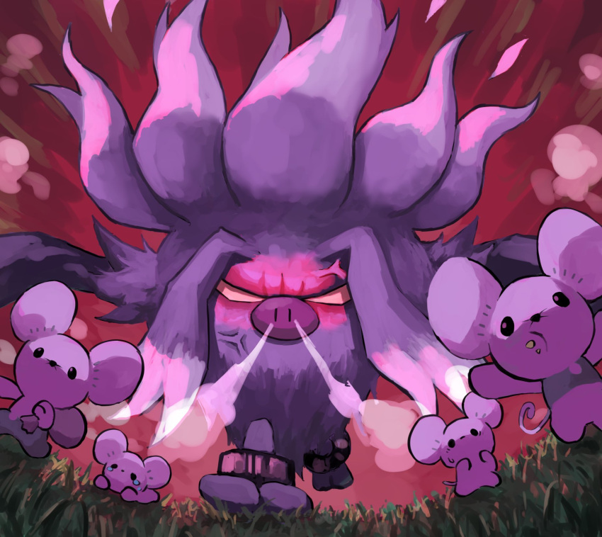 anger_vein angry animal_focus annihilape commentary eve_malus fleeing grey_fur highres maushold maushold_(family_of_four) mouse no_humans on_grass outdoors pokemon pokemon_(creature) red_background running solid_oval_eyes steam steam_from_nose symbol-only_commentary tears