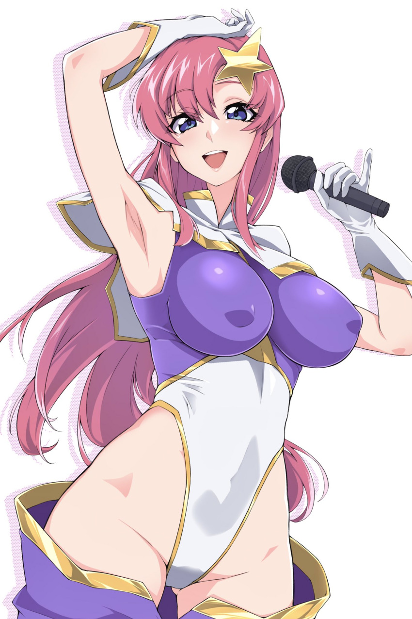 armpits ass_visible_through_thighs blue_eyes breasts collar covered_navel covered_nipples gloves gold_trim gundam gundam_seed gundam_seed_destiny hair_ornament highleg highleg_leotard highres holding holding_microphone impossible_clothes impossible_leotard leotard long_hair medium_breasts meer_campbell microphone miso_melon multicolored_leotard open_mouth pink_hair purple_leotard simple_background smile star_(symbol) star_hair_ornament teeth thong_leotard upper_body upper_teeth_only white_background white_collar white_gloves white_leotard