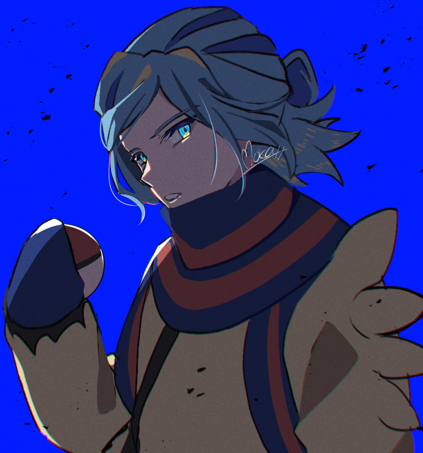 1boy aqua_eyes blue_background blue_mittens blue_scarf clenched_teeth commentary_request eyelashes grusha_(pokemon) hand_up highres holding holding_poke_ball jacket long_sleeves looking_at_viewer male_focus mittens mocacoffee_1001 poke_ball poke_ball_(basic) pokemon pokemon_sv scarf signature simple_background solo striped_clothes striped_scarf teeth upper_body yellow_jacket