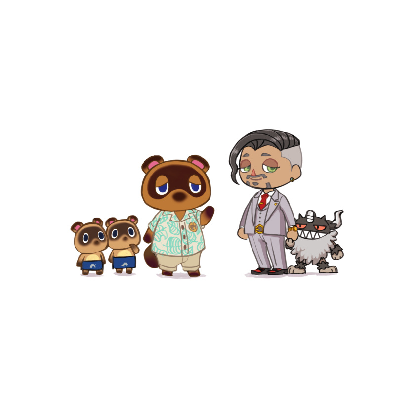 4boys animal_crossing black_footwear buttons chibi collared_shirt commentary_request crossover earrings facial_hair grey_jacket grey_pants grey_vest highres honda_(honndamaria) jacket jewelry male_focus multiple_boys necktie open_clothes open_jacket pants perrserker pokemon pokemon_(creature) pokemon_swsh red_necktie rose_(pokemon) shirt shoes short_hair standing timmy_(animal_crossing) tom_nook_(animal_crossing) tommy_(animal_crossing) undercut vest white_shirt