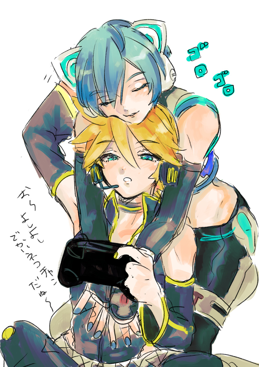 2boys absurdres animal_ears black_choker blonde_hair blue_eyes blue_hair blue_nails blush cat_boy cat_ears cat_tail chawan_coo choker closed_eyes controller crop_top detached_sleeves elbow_gloves game_controller gloves hair_between_eyes highres holding holding_controller holding_game_controller hug hug_from_behind kagamine_len kaito_(vocaloid) kneeling leaning_on_person male_focus multiple_boys navel neko_cyber_(module) project_diva_(series) punkish_(module) robot_ears short_hair sitting sketch tail translation_request vocaloid white_background yaoi yellow_nails