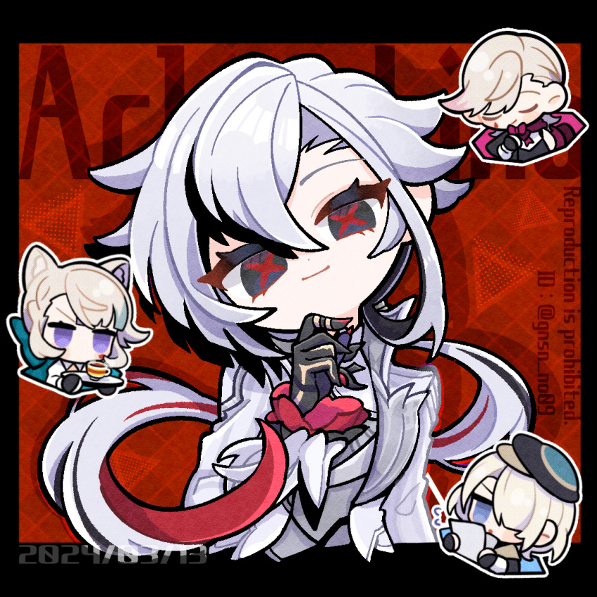 2boys 2girls animal_ears arlecchino_(genshin_impact) black_eyes black_hair brother_and_sister cat_ears chibi closed_eyes coat commentary_request freminet_(genshin_impact) genshin_impact gnsn_no09 grey_hair grey_shirt head_tilt long_hair looking_at_viewer lynette_(genshin_impact) lyney_(genshin_impact) multicolored_hair multiple_boys multiple_girls open_clothes open_coat purple_eyes shirt siblings smile streaked_hair upper_body very_long_hair white_coat white_hair