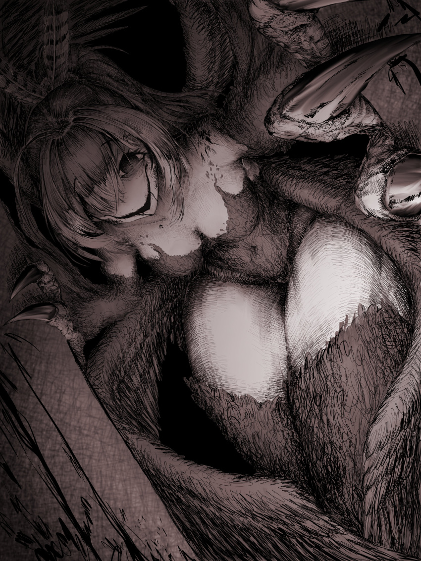 1girl absurdres ahoge bangs bird_girl bird_wings black_background breasts brown_hair cleavage empty_eyes feather_hair_ornament feathers grape_(grape05843924) greyscale hair_ornament hairclip harpy highres hololive hololive_english horror_(theme) long_hair monochrome monster_girl multicolored_hair nanashi_mumei official_alternate_costume ponytail smile streaked_hair talons very_long_hair virtual_youtuber wings
