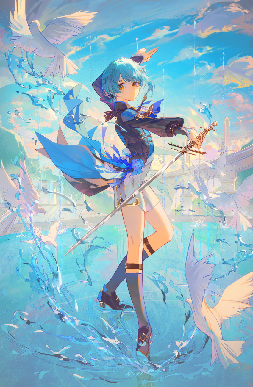 1boy absurdres androgynous arm_up ayanon_ite bird black_jacket blue_hair blue_shirt blue_sky blue_socks brown_eyes closed_mouth cloud day flock from_side genshin_impact hand_up high_collar high_heels highres holding holding_sword holding_weapon jacket long_sleeves looking_to_the_side male_focus outdoors scenery shirt short_hair shorts sideways_glance sky sleeves_past_wrists smile socks solo splashing standing standing_on_liquid sword water weapon white_bird white_shorts xingqiu_(genshin_impact)