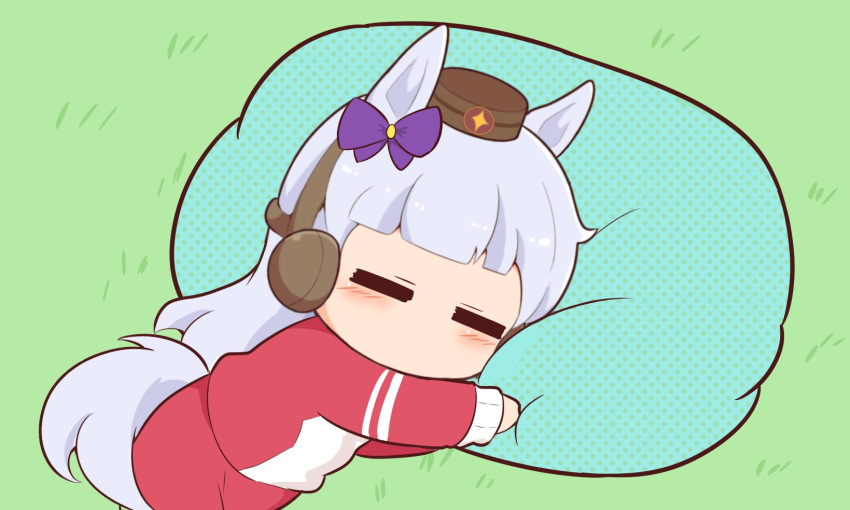 1girl animal_ears blush_stickers bow brown_headwear chibi closed_eyes ear_bow ear_covers facing_viewer gold_ship_(umamusume) gomashio_(goma_feet) grass grey_hair hat highres horse_ears horse_girl horse_tail jacket long_hair lying mini_hat on_side pants pillow polka_dot purple_bow red_jacket red_pants solo tail track_jacket track_pants track_suit umamusume very_long_hair