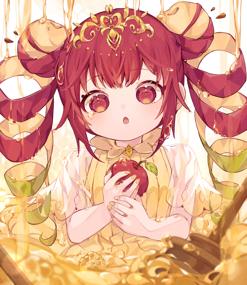 1girl apple apple_peel commentary_request dress drill_hair film_grain food food-themed_hair fruit green_hair headpiece highres holding holding_food holding_fruit honey honey_dipper honeycomb_(object) long_hair multicolored_hair open_mouth original red_apple red_eyes red_hair ribbed_dress see-through see-through_sleeves short_sleeves solo tetolapis twin_drills yellow_dress yellow_nails