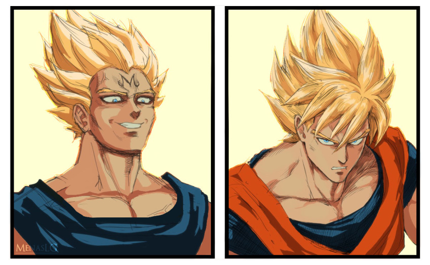 2boys blonde_hair blue_eyes blue_shirt collarbone dougi dragon_ball dragon_ball_z evil_smile frown hair_between_eyes majin_vegeta male_focus menaslg multiple_boys shirt smile son_goku spiked_hair super_saiyan super_saiyan_1 upper_body vegeta veins white_background widow's_peak