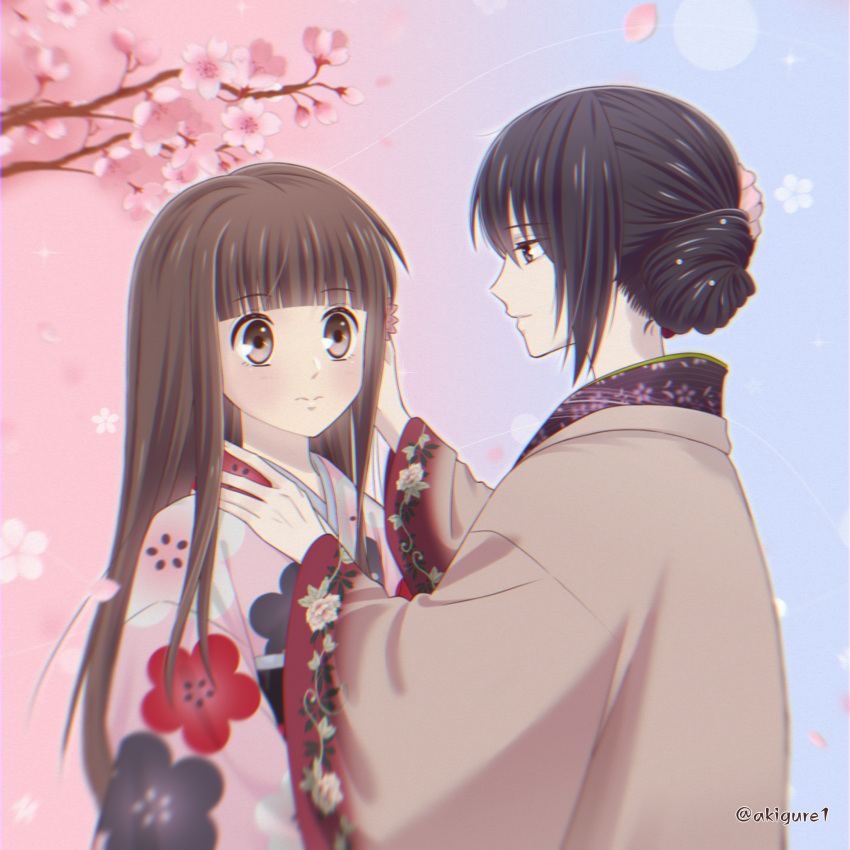 2girls akigure1 brown_eyes brown_hair cherry_blossoms fruits_basket hair_bun hand_on_another's_face hand_on_another's_shoulder haori highres honda_tohru japanese_clothes kimono light_blush long_hair multiple_girls pearl_hair_ornament purple_eyes purple_hair smile souma_akito twitter_username wide-eyed