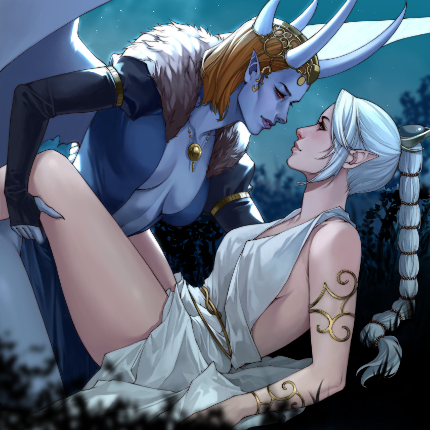 2girls absurdres annasassiart baldur's_gate baldur's_gate_3 bare_shoulders blue_skin blush breasts collarbone colored_skin demon_girl demon_horns dress dungeons_&amp;_dragons eye_contact fingernails from_side hair_ornament highres horns jewelry large_breasts long_hair long_sleeves looking_at_another mizora_(baldur's_gate) multi-tied_hair multiple_girls necklace official_alternate_hair_color pointy_ears profile shadowheart_(baldur's_gate) sharp_fingernails sleeves_past_wrists smile white_dress wings yuri