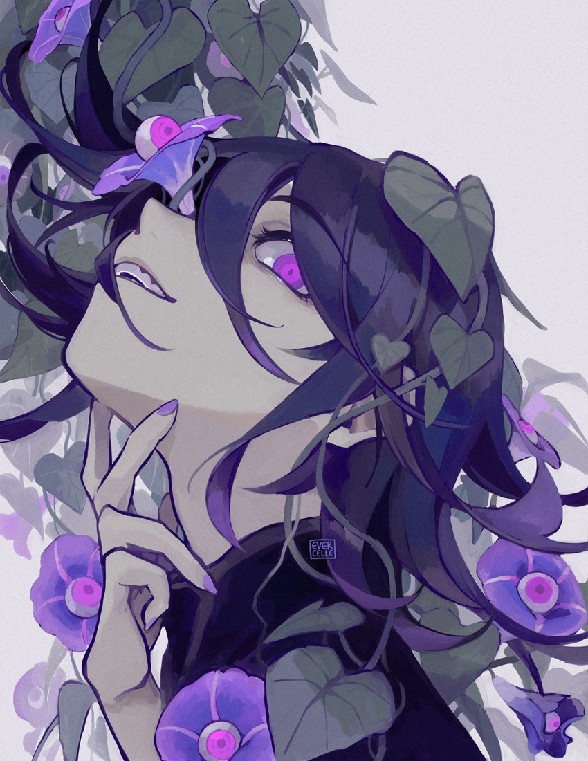 1boy artist_name danganronpa_(series) danganronpa_v3:_killing_harmony evercelle eyeball flower flower_in_eye from_side hair_between_eyes highres horror_(theme) leaf looking_at_viewer male_focus oma_kokichi pale_skin pink_eyes portrait purple_eyes purple_flower purple_hair purple_nails short_hair smile solo symbol_in_eye teeth white_background