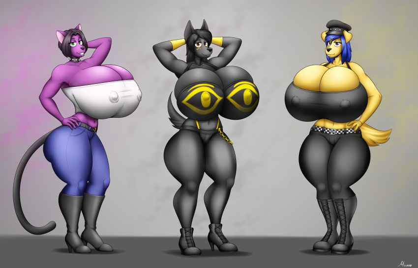 absurd_res amy_"river"_lewis_(lildredre) anthro anubian_jackal big_breasts biker_cap bird_dog black_body black_fur black_hair blue_hair boots bottomwear breasts brown_eyes canid canine canis choker cleavage clothed clothing curvy_figure denim denim_clothing digital_media_(artwork) domestic_cat domestic_dog felid feline felis female footwear fur golden_retriever green_eyes group hair headgear headwear hi_res huge_breasts hunting_dog hyper hyper_breasts jackal jeans jewelry lanie_bannister_(lildredre) leather leather_cap looking_at_viewer mammal maximaxin navel navel_piercing necklace pants piercing rachael_wilde_(lildredre) retriever simple_background smile thick_thighs thong_straps topwear trio tube_top voluptuous wide_hips