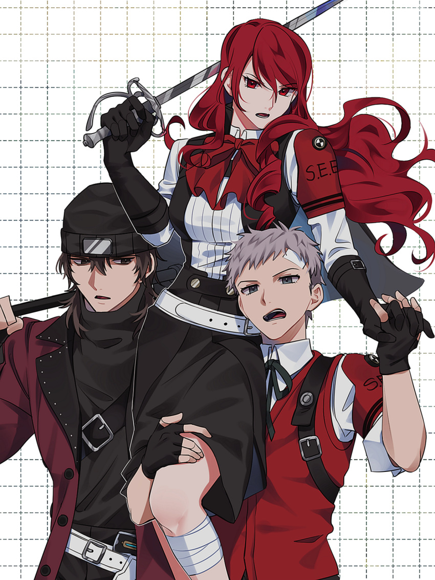 1girl 2boys aragaki_shinjirou armband beanie black_gloves bow brown_eyes brown_hair carrying carrying_person coat elut fingerless_gloves gekkoukan_high_school_uniform gloves grey_eyes grey_hair hair_between_eyes hat highres holding holding_hands holding_sword holding_weapon kirijou_mitsuru long_hair looking_at_another looking_at_viewer multiple_boys open_mouth partially_shaded_face persona persona_3 persona_3_reload red_armband red_eyes red_hair ribbon s.e.e.s sanada_akihiko school_uniform shirt short_hair sword weapon