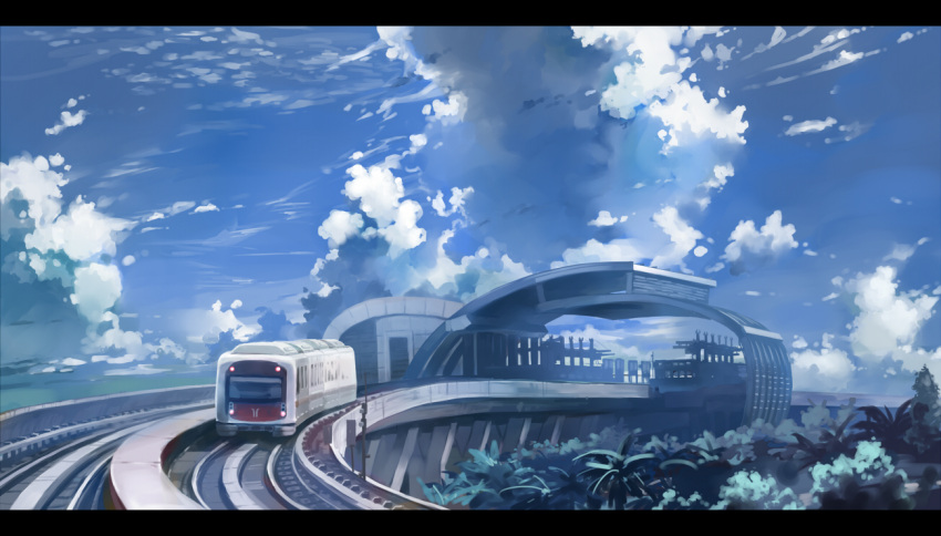 chinese_commentary cloud commentary day ground_vehicle huanxiang_huifeng letterboxed no_humans original outdoors railroad_tracks revision scenery sky train train_station
