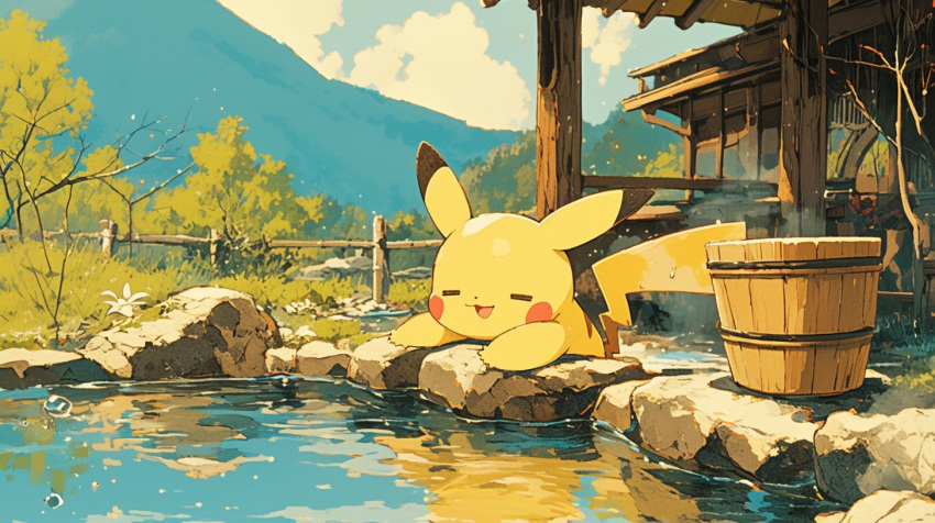 blurry blurry_background brown_tail closed_eyes cloud grass mountain mouse onsen pikachu pokemon pokemon_(creature) reflection reflective_water solo tarte_(hodarake) tree water yellow_fur yellow_tail