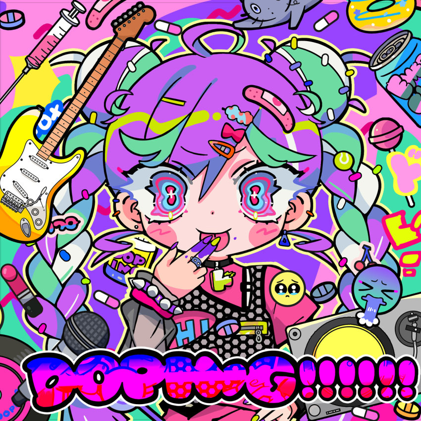 1girl ahoge album_cover album_name animal aqua_hair bandaid bandaid_on_head black_collar black_vest blush_stickers bracelet braid can candy cat cherry collar cover double_bun doughnut drink_can drugs ear_piercing earrings emoji food fruit grey_sleeves guitar hair_bun hair_ornament hairclip highres indie_utaite instrument jewelry lipstick lollipop looking_at_viewer makeup microphone multicolored_eyes multicolored_hair multiple_hairpins nanawo_akari necklace official_art outline piercing pill pink_bracelet pink_shirt print_shirt psychedelic purple_bracelet purple_hair purple_nails record sad_emoji shirt single_earring soda_can solo spiked_bracelet spikes sprinkles stain streaked_hair syringe terada_tera turntable twin_braids vest white_hair yellow_nails yellow_outline