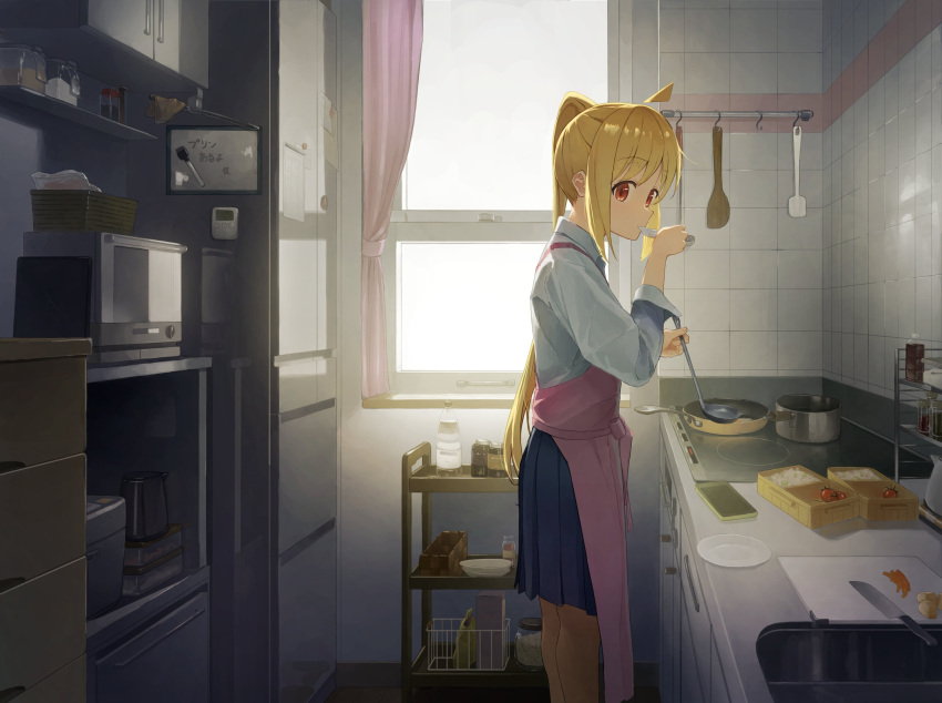 1girl absurdres ahoge apron ayanagi0319 bento bike_shorts blonde_hair blue_skirt bocchi_the_rock! brown_eyes cabinet cherry_tomato chest_of_drawers collared_shirt commentary cooking cooking_pot curtains cutting_board dress_shirt eating feet_out_of_frame from_side frying_pan highres holding holding_spoon ijichi_nijika indoors kitchen kitchen_knife ladle long_hair long_sleeves looking_at_viewer looking_to_the_side oven pink_apron plate pleated_skirt refrigerator rice rice_cooker shelf shirt side_ponytail sidelocks sink skirt solo spoon standing stove thermostat tile_wall tiles toaster_oven tomato translated very_long_hair white_shirt whiteboard window