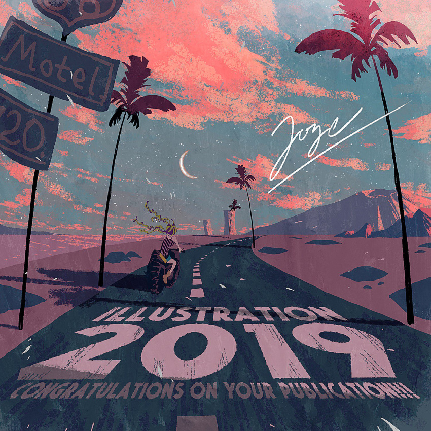 1girl 2019 blue_sky cloud cloudy_sky green_hair highres illustration.media joze motor_vehicle motorcycle mountain outdoors palm_tree quad_braids road shadow sign signature sky solo tree wide_shot