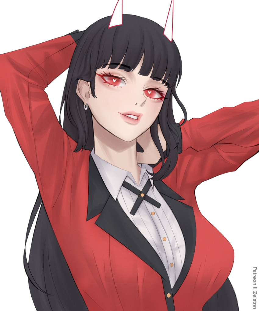 1girl artist_name black_hair breasts bright_pupils collared_shirt commentary drawn_horns earrings eyeshadow grey_shirt heart heart-shaped_pupils highres hyakkaou_academy_school_uniform jabami_yumeko jacket jewelry kakegurui long_hair makeup medium_breasts parted_lips patreon_username pink_lips red_eyes red_eyeshadow red_jacket school_uniform shirt solo symbol-shaped_pupils white_background white_pupils zeistnn