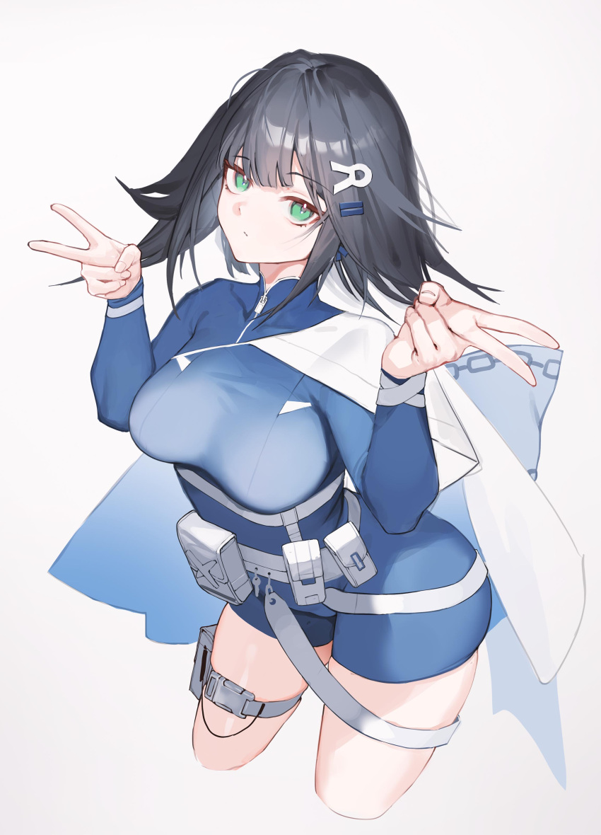 1girl abigail_(black_survival) absurdres belt_pouch black_hair black_survival blue_jacket breasts cape closed_mouth cropped_legs double_v eternal_return:_black_survival green_eyes hair_ornament highres jacket large_breasts leaning_forward long_sleeves looking_at_viewer pouch simple_background solo thigh_strap tunamayo_(dsasd751) v white_background white_cape