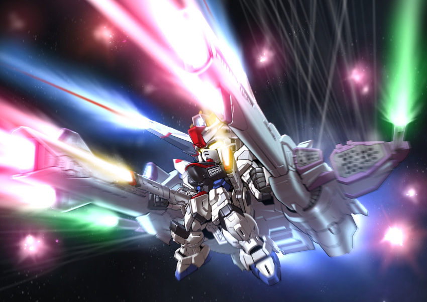 absurdres beam_cannon chibi exhaust explosion firing flying freedom_gundam glowing glowing_eyes gundam gundam_seed highres legs_apart making-of_available mecha mecha_focus meteor_(gundam) mobile_suit no_humans robot science_fiction sd_gundam solo space star_(sky) v-fin yellow_eyes zakuma