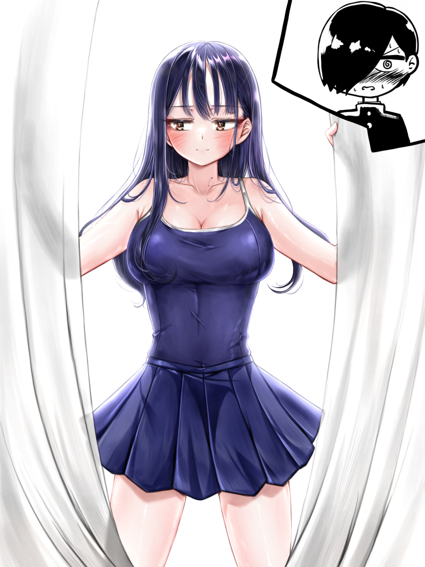 1boy 1girl ao_tanuki bare_shoulders blue_dress blue_hair blush boku_no_kokoro_no_yabai_yatsu breasts brown_eyes cleavage closed_mouth collarbone curtains dark_blue_hair dress highres ichikawa_kyoutarou large_breasts looking_to_the_side mole mole_on_neck outstretched_arms spread_arms spread_legs standing yamada_anna