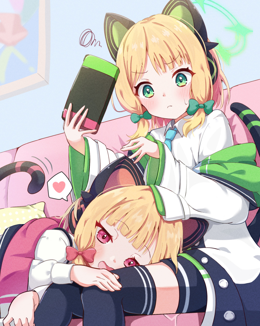 2girls animal_ear_headphones animal_ears black_shorts black_thighhighs blonde_hair blue_archive blue_necktie blush bow cat_ears cat_tail closed_mouth collared_shirt couch fake_animal_ears green_bow green_eyes green_halo hair_bow halo handheld_game_console headphones heart highres holding holding_handheld_game_console jacket lap_pillow midori_(blue_archive) mikumiku37 momoi_(blue_archive) multiple_girls necktie nintendo_switch open_mouth pink_bow pink_eyes shirt shorts sitting spoken_heart squiggle sweatdrop tail thighhighs white_jacket white_shirt