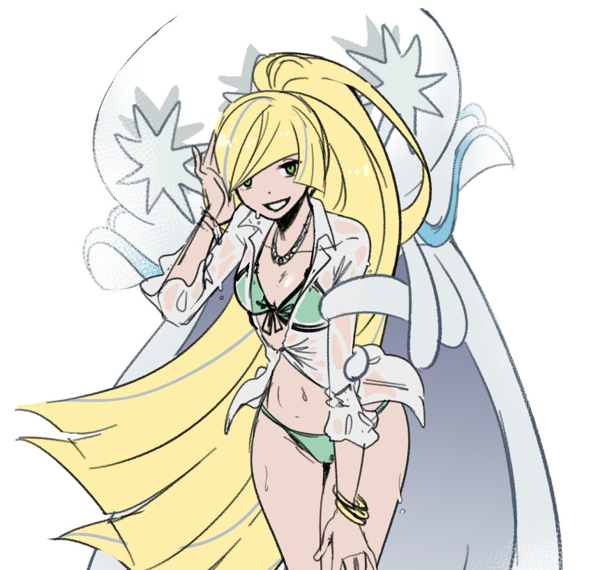 1girl bare_legs bikini blonde_hair breasts english_commentary front-tie_bikini_top front-tie_top gold_bracelet green_bikini green_eyes hair_over_one_eye hand_in_own_hair hand_on_own_leg highres jewelry long_hair looking_at_viewer lusamine_(pokemon) midriff multiple_bracelets navel necklace nihilego pokemon pokemon_(creature) pokemon_sm ponytail shirt sketch small_breasts smile swimsuit very_long_hair wanderjegson wet wet_clothes wet_swimsuit white_background white_shirt