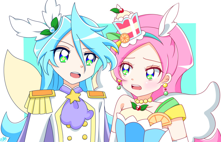 1boy 1girl animal_ears bare_shoulders berry blue_eyes blush brother_and_sister choker commentary_request cure_parfait cure_waffle dress earrings elbow_gloves food food-themed_hair_ornament fruit gloves hair_ornament headband highres horse_ears jewelry kirakira_precure_a_la_mode kiwi_(fruit) leaf lemon long_hair long_sleeves multicolored_eyes nekorin_chu open_mouth orange_(fruit) parfait pearl_choker pearl_earrings pink_hair ponytail precure siblings sparkle sparkling_eyes star_(symbol) step-siblings strapless strapless_dress white_gloves white_wings wings