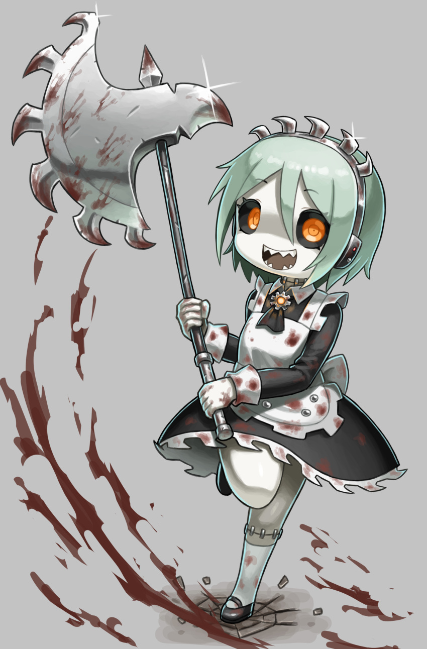 1girl :d absurdres apron axe black_dress black_sclera blood blood_on_clothes blood_splatter colored_sclera derurago dress full_body green_hair grey_background hairband highres holding holding_axe maid maid_apron original sanpaku sharp_teeth short_hair smile solo stitches teeth yellow_eyes zombie