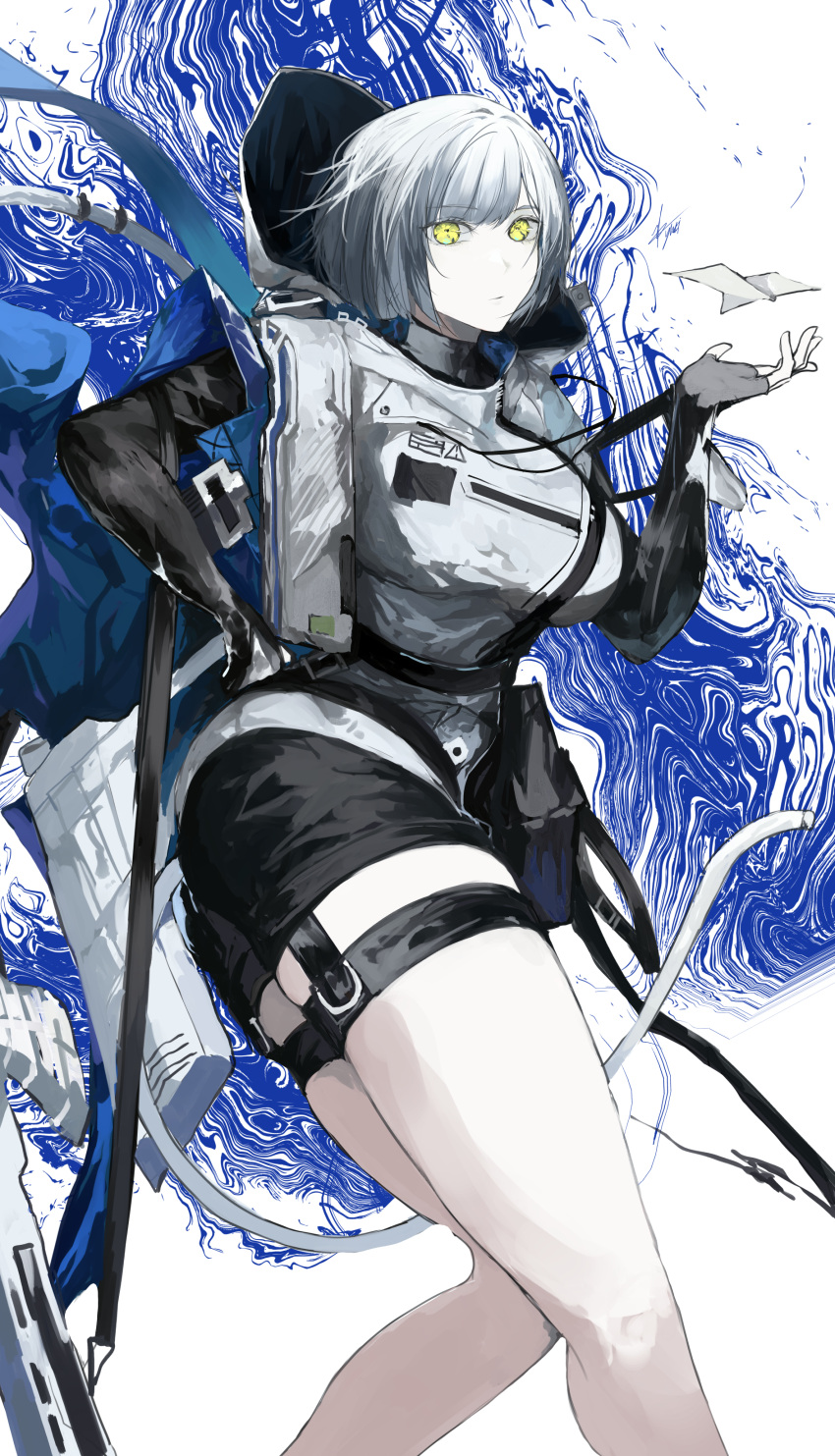 1girl absurdres arknights black_shorts fingerless_gloves gloves grey_hair hand_on_own_hip highres looking_at_viewer pale_skin paper_airplane short_hair shorts skindentation solo standing thigh_strap white_hair yellow_eyes yuki_flourish