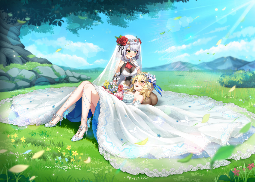 2girls absurdres blue_dress blush breasts bridal_veil bride bug butterfly cleavage dress flower genshin_impact hair_flower hair_ornament high_heels highres kneeling lumine_(genshin_impact) lying multiple_girls no-ba noelle_(genshin_impact) on_back scenery smile thighhighs tree veil wedding_dress white_dress