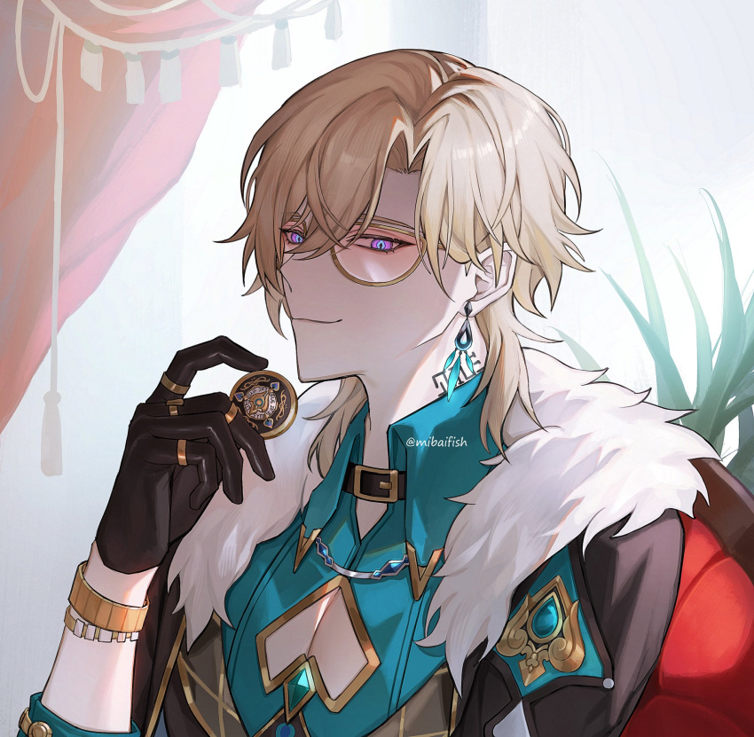 1boy aqua_shirt aventurine_(honkai:_star_rail) black_gloves blonde_hair bracelet closed_mouth coin collared_shirt earrings fur_trim glasses gloves highres holding holding_coin honkai:_star_rail honkai_(series) jewelry looking_at_viewer male_focus mibaifish ring shirt short_hair solo