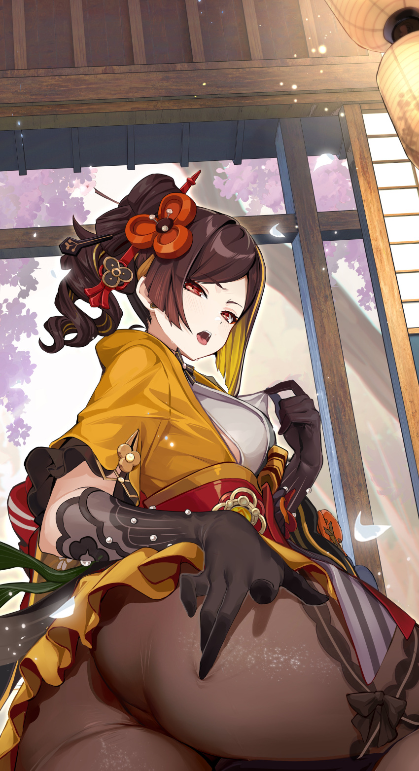 1girl absurdres ass back bare_shoulders black_gloves blush breasts brown_hair brown_pantyhose chiori_(genshin_impact) detached_collar elbow_gloves genshin_impact gloves hair_ornament hairpin hand_on_own_thigh highres japanese_clothes kikimi kimono large_breasts long_sleeves looking_at_viewer looking_back medium_hair naughty_face obi off_shoulder open_mouth pantyhose red_eyes saliva sash skirt solo sweat teeth thighs tongue tongue_out upper_teeth_only vision_(genshin_impact) wide_sleeves yellow_kimono