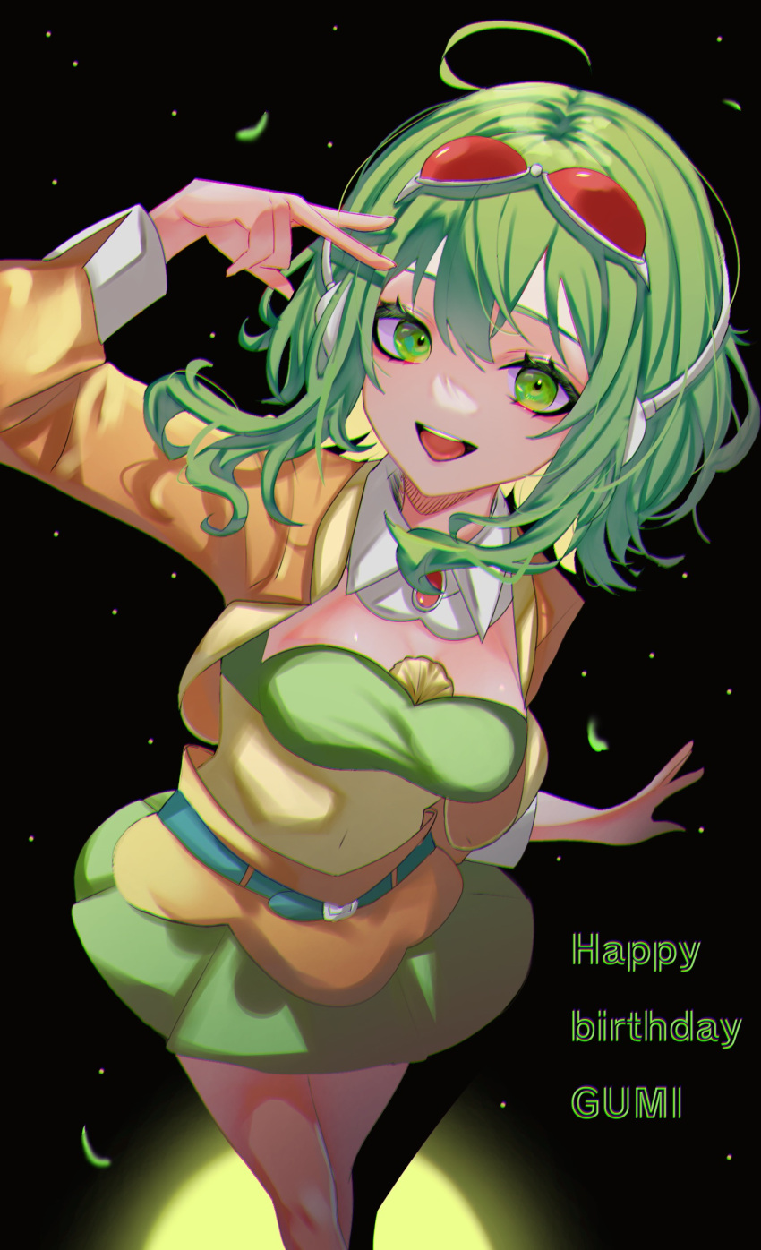 1girl arm_up black_background breasts character_name cleavage colored_eyelashes detached_collar eyelashes from_above goggles goggles_on_head green_eyes green_hair gumi happy_birthday hat_iue headphones highres looking_at_viewer open_mouth short_hair short_hair_with_long_locks skirt smile solo spotlight standing v vocaloid